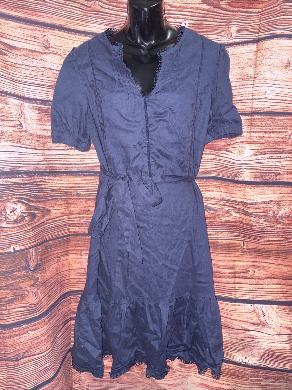 Draper James Navy Lace-Trim Tie-Waist Midi Dress